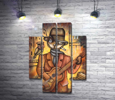 Кот с вороной на плечи играет на гитаре