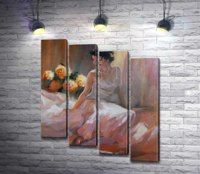 Модульная картина "Нежный силуэт девушки в белом шелковом платье рядом с букетом роз"