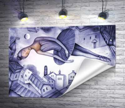 Легкая балерина летит над крышами ночного города
