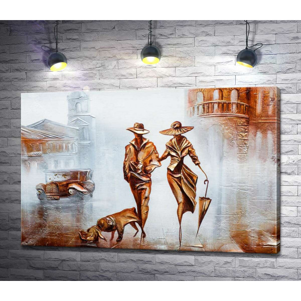 Вишукана пара із собакою гуляє туманним містом