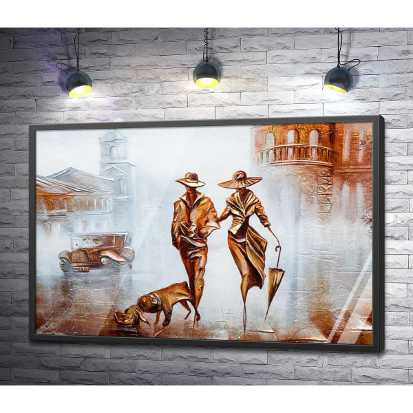 Вишукана пара із собакою гуляє туманним містом