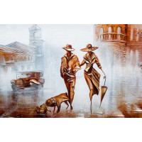 Изысканная пара с собакой гуляет по туманному городу