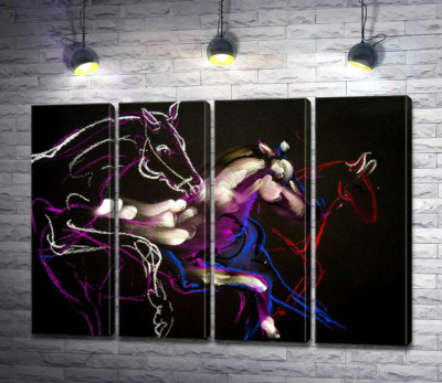 Модульна картина "Прозорі силуети коней на перегонах"