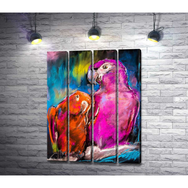 Рожевий та червоний папуги сидять на гілці