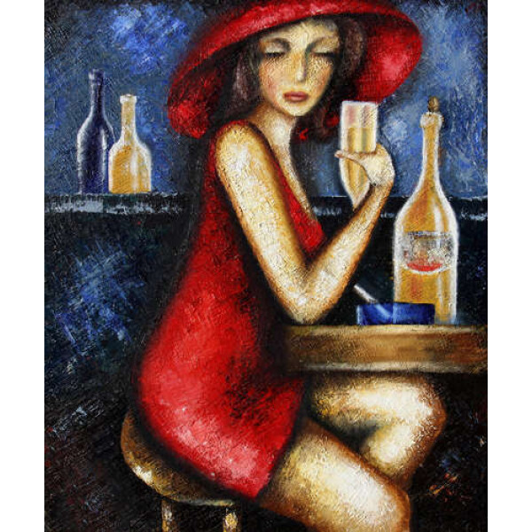 Дама в червоному відпочиває за столиком із келихом шампанського