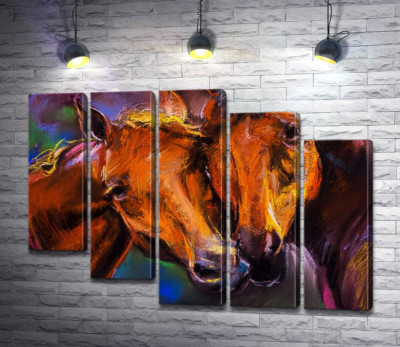 Модульная картина "Две гнедые лошади нежатся друг возле друга"