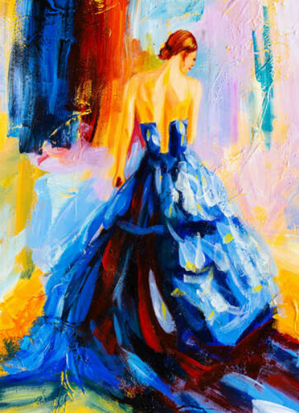 Витончений силует дівчини в пишній синій сукні