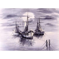 Лодки у пристани в пастельно-серых тонах