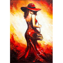 Розкішна леді в червоній сукні ховає погляд під капелюхом
