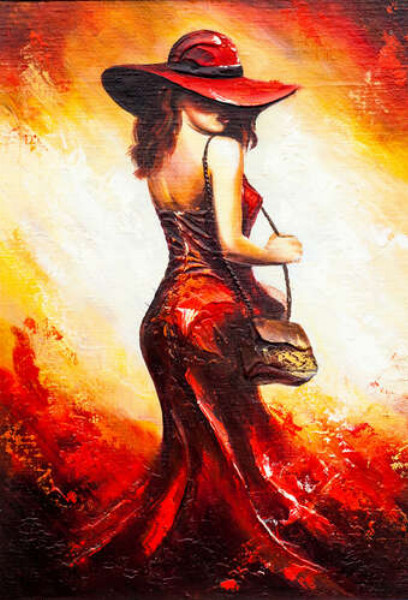 Роскошная леди в красном платье прячет взгляд под шляпой