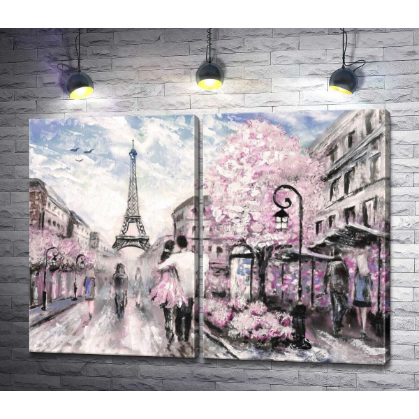 Влюбленная пара гуляет по весенней улице Парижа
