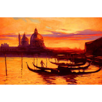 Силуэты собора и гондол в вечерней Венеции