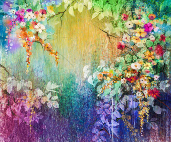 Цветущие кусты на радужном фоне