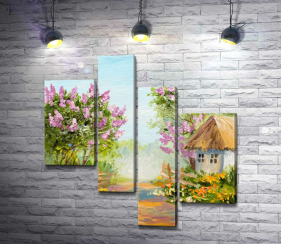 Кущі бузку цвітуть біля сільської хатини