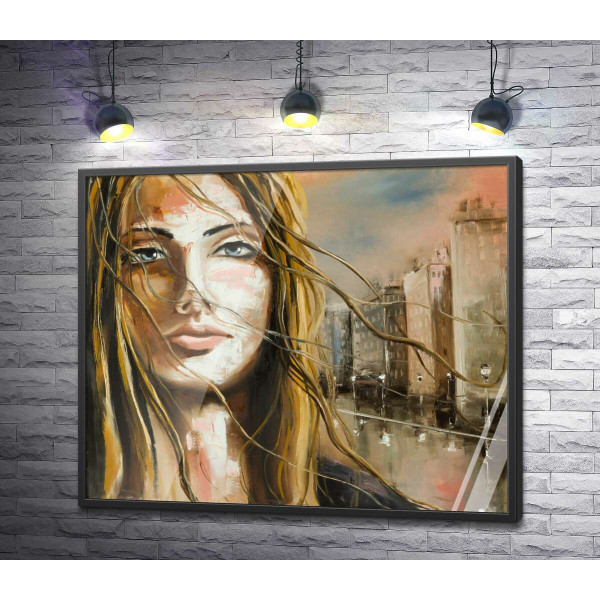 Портрет дівчини на фоні дощового міста