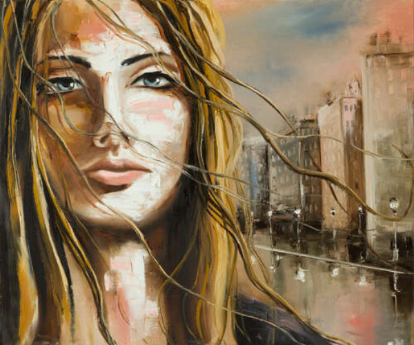 Портрет дівчини на фоні дощового міста