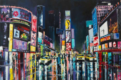 Яскраві рекламні екрани освітлюють галасливий Таймс-Сквер (Times Square)