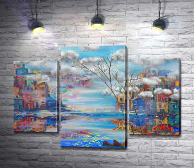 Цветные склоны с домами отражаются яркими пятнами в воде