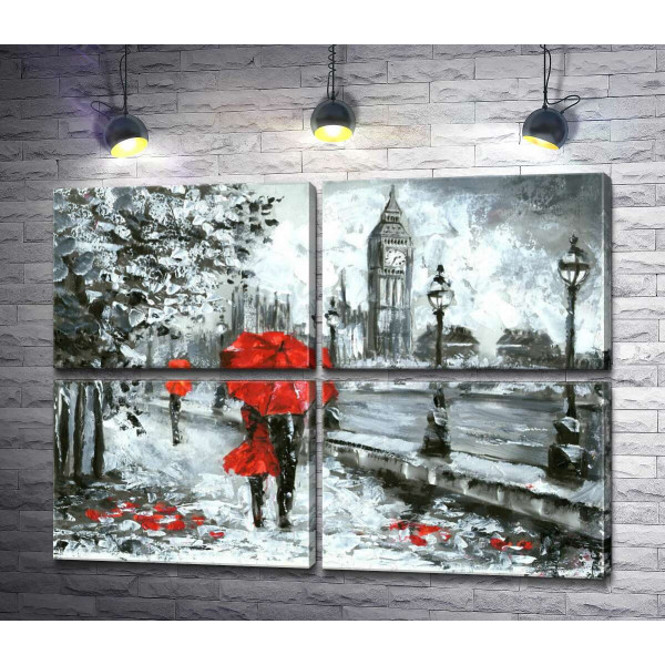Влюбленные под красным зонтиком гуляют по набережной