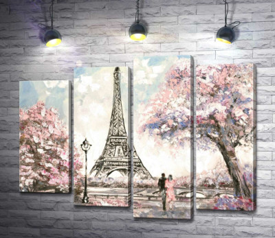 Вид на Эйфелевую башню (Eiffel tower) с цветущей весенней набережной