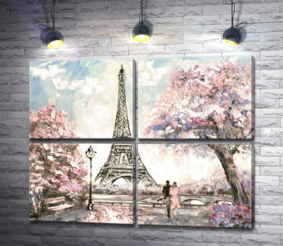 Вид на Эйфелевую башню (Eiffel tower) с цветущей весенней набережной