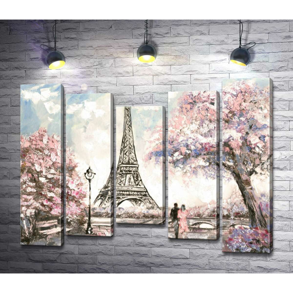 Вид на Эйфелевую башню (Eiffel tower) с цветущей весенней набережной