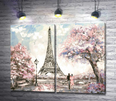 Модульна картина "Вид на Ейфелева вежу (Eiffel tower) з квітучої весняної набережної"