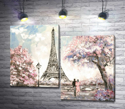 Вид на Эйфелевую башню (Eiffel tower) с цветущей весенней набережной