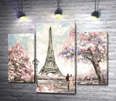 Модульная картина "Вид на Эйфелевую башню (Eiffel tower) с цветущей весенней набережной"