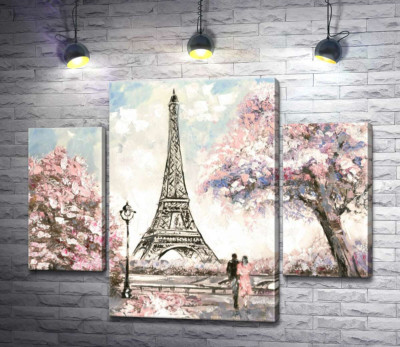 Вид на Эйфелевую башню (Eiffel tower) с цветущей весенней набережной