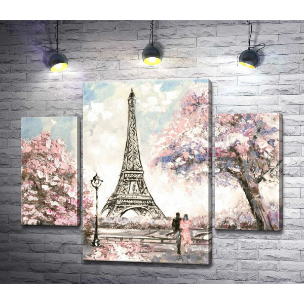 Вид на Эйфелевую башню (Eiffel tower) с цветущей весенней набережной
