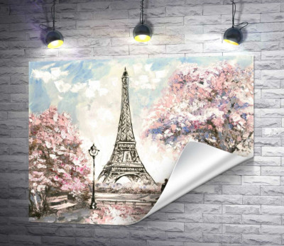 Вид на Эйфелевую башню (Eiffel tower) с цветущей весенней набережной