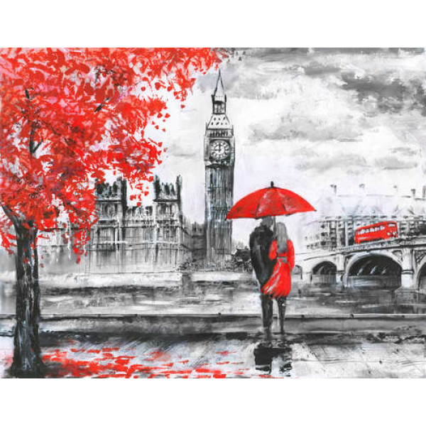 Закохані із парасолькою дивляться на Біг-Бен з осінньої набережної