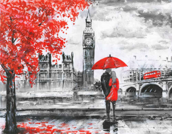 Закохані із парасолькою дивляться на Біг-Бен з осінньої набережної