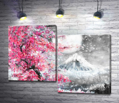 Яркое цветение сакуры на фоне полной луны над горой Фудзи (Mount Fuji)