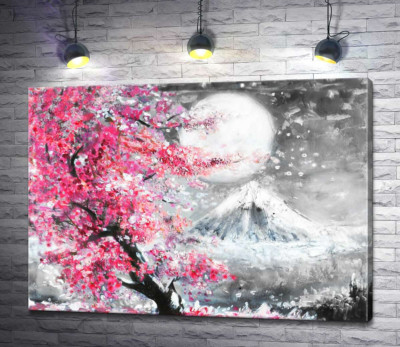 Яркое цветение сакуры на фоне полной луны над горой Фудзи (Mount Fuji)