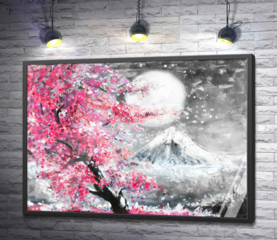 Постер "Яркое цветение сакуры на фоне полной луны над горой Фудзи (Mount Fuji)"