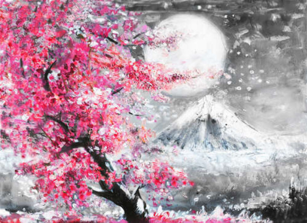 Яркое цветение сакуры на фоне полной луны над горой Фудзи (Mount Fuji)
