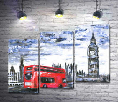 Модульная картина "Красный автобус мчится по Вестминстерскому мосту (Westminster bridge)"