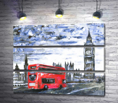 Модульная картина "Красный автобус мчится по Вестминстерскому мосту (Westminster bridge)"