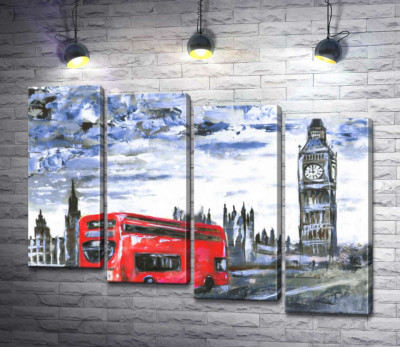 Модульна картина "Червоний автобус мчить по Вестмінстерському мосту (Westminster bridge)"