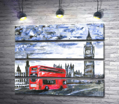 Модульная картина "Красный автобус мчится по Вестминстерскому мосту (Westminster bridge)"