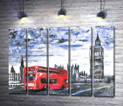 Модульная картина "Красный автобус мчится по Вестминстерскому мосту (Westminster bridge)"