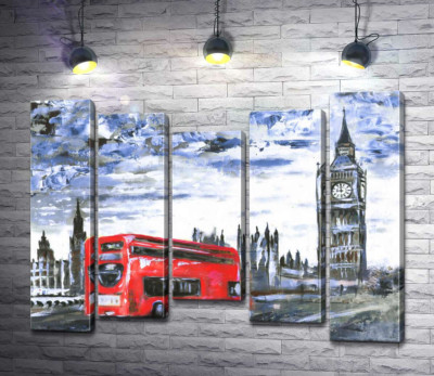 Модульна картина "Червоний автобус мчить по Вестмінстерському мосту (Westminster bridge)"