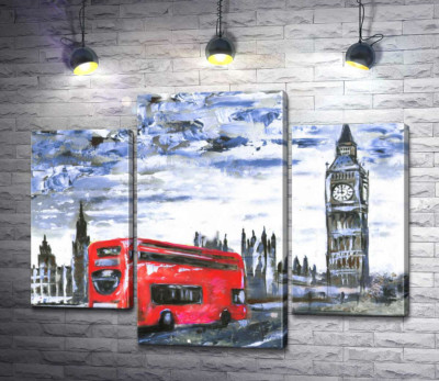 Модульная картина "Красный автобус мчится по Вестминстерскому мосту (Westminster bridge)"