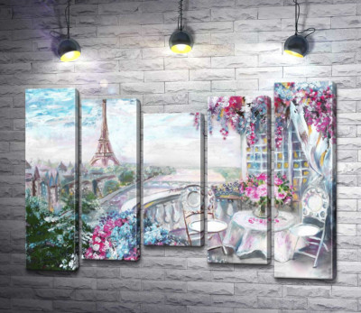 Модульна картина "Квітуча тераса в кав'ярні з видом на Ейфелеву вежу (Eiffel tower)"