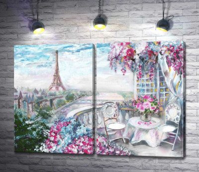 Модульная картина "Цветущая терраса в кафе с видом на Эйфелеву башню (Eiffel tower)"