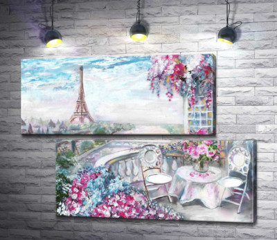 Модульная картина "Цветущая терраса в кафе с видом на Эйфелеву башню (Eiffel tower)"