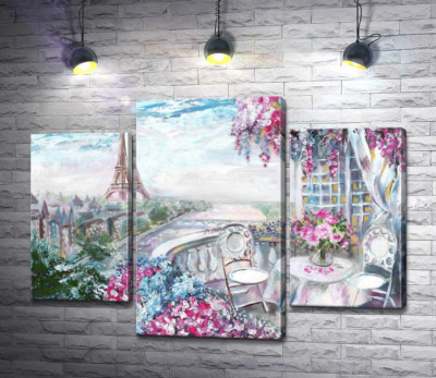 Модульная картина "Цветущая терраса в кафе с видом на Эйфелеву башню (Eiffel tower)"