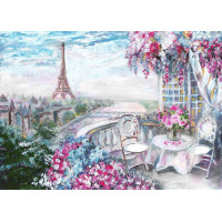 Цветущая терраса в кафе с видом на Эйфелеву башню (Eiffel tower)